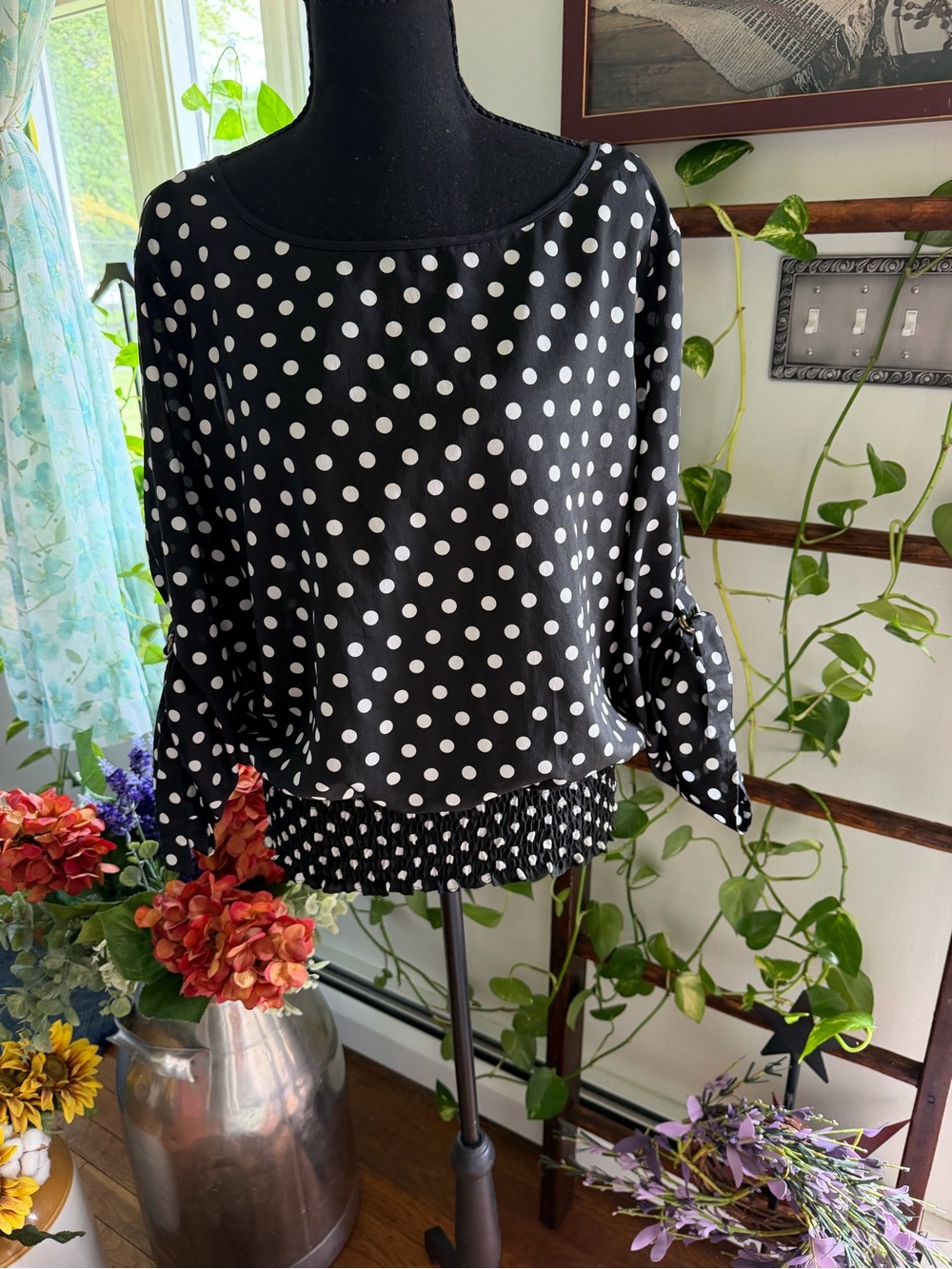 Michael Kors Black and White Polka Dot Blouson Top NWOT